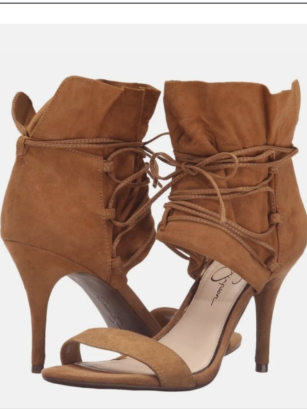 Jessica Simpson Tan Suede Lace-Up Stiletto Sandals